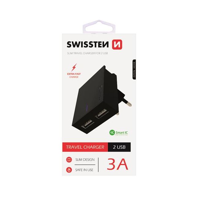Gyorstöltés Swissten Smart IC 3.A s 2 USB konektorral, fekete Gyorstöltés Swissten Smart IC 3.A s 2 USB konektorral, fekete