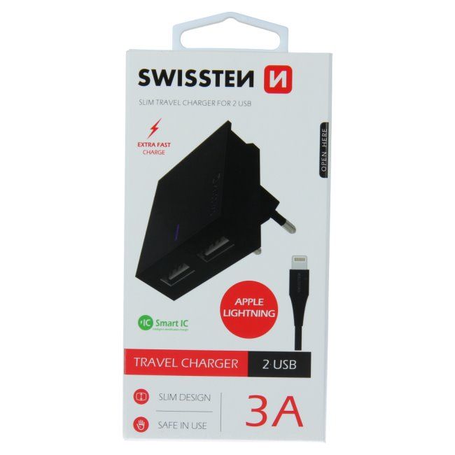 Gyorstöltés Swissten Smart IC 3.A s 2 USB konektorral + Adatkábel USB / Lightning 1,2 m, fekete Gyorstöltés Swissten Smart IC 3.A s 2 USB konektorral + Adatkábel USB / Lightning 1,2 m, fekete