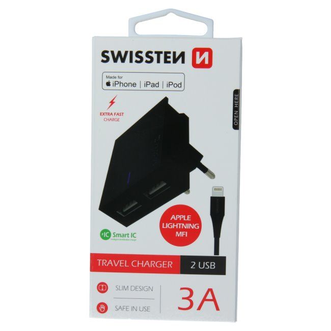Gyorstöltés Swissten Smart IC 3.A 2 USB konektorral + Adatkábel USB / Lightning MFi 1,2 m, fekete Gyorstöltés Swissten Smart IC 3.A 2 USB konektorral + Adatkábel USB / Lightning MFi 1,2 m, fekete