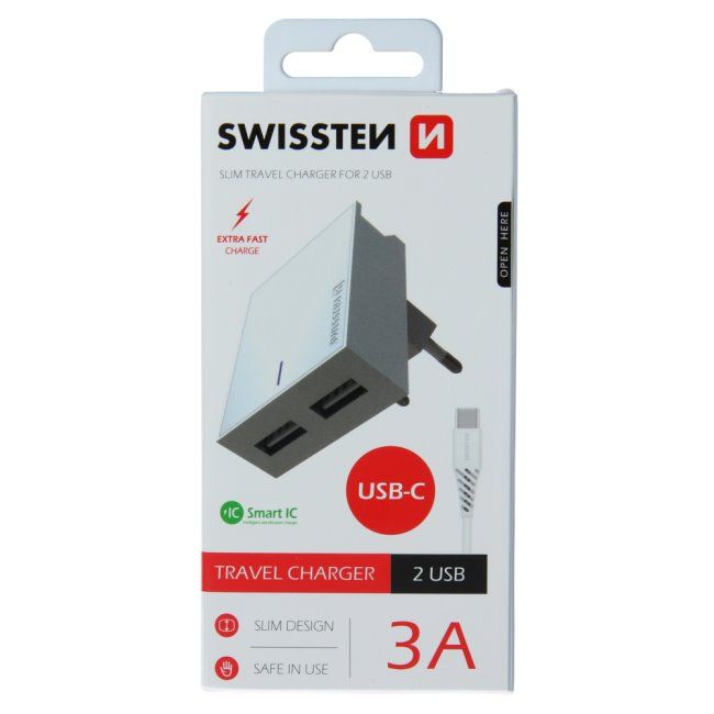 Gyorstöltő Swissten Smart IC 3.A s 2 USB konektorral + Adatkábel USB / USB-C 1,2 m, fehér Gyorstöltő Swissten Smart IC 3.A s 2 USB konektorral + Adatkábel USB / USB-C 1,2 m, fehér