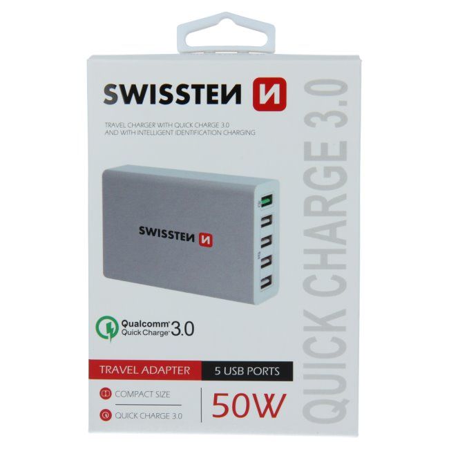Gyorstöltés Swissten Smart IC 50W támogatással QuickCharge 3.0 és 5 USB konektorral, fehér Gyorstöltés Swissten Smart IC 50W támogatással QuickCharge 3.0 és 5 USB konektorral, fehér