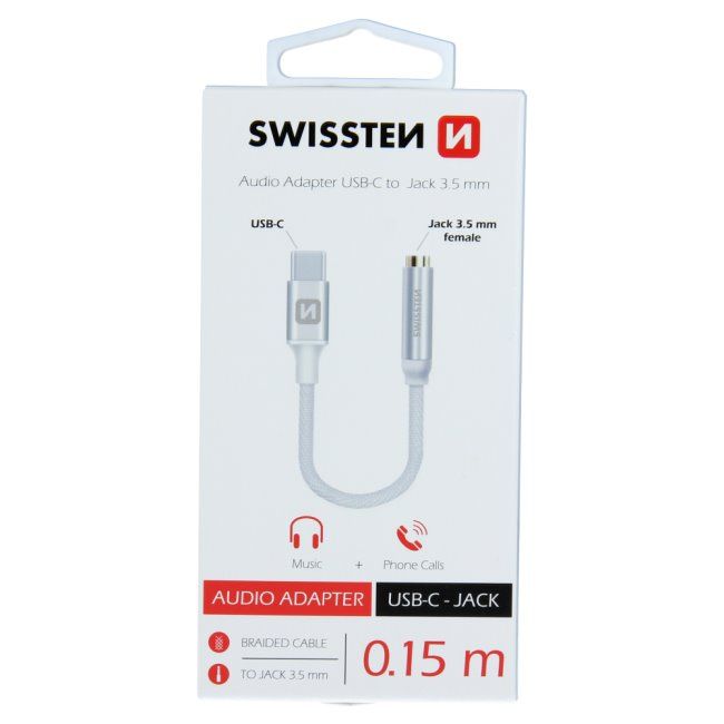 Audió adapter Swissten USB-C/Jack (anya) 0,15m, ezüst Audió adapter Swissten USB-C/Jack (anya) 0,15m, ezüst