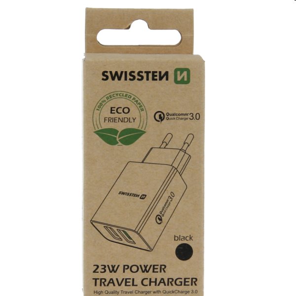 Töltő Swissten 2x USB QC 3.0 + USB 23W, fekete