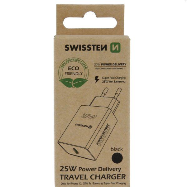 Töltő Swissten for iPhone és Samsung 25W, fekete, eco csomagolás Töltő Swissten for iPhone és Samsung 25W, fekete, eco csomagolás