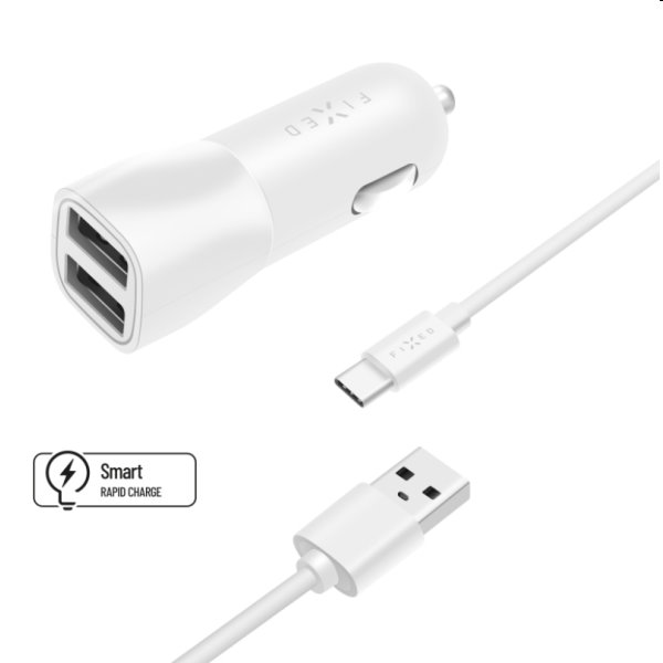 FIXED Autós töltő Smart Rapid Charge 2x USB kábellel USB/USB-C 1m, 15 W, fehér