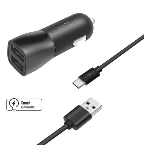 FIXED Autós töltő Smart Rapid Charge 2x USB kábellel USB/USB-C 1m, 15 W, fekete