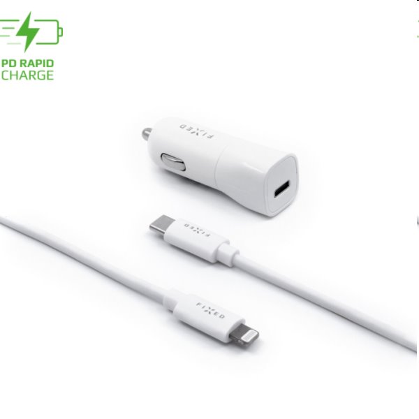 FIXED Autós töltő USB-C kábellel USB-C/Lightning MFI, PD, 1m, 18 W, fehér FIXED Autós töltő USB-C kábellel USB-C/Lightning MFI, PD, 1m, 18 W, fehér