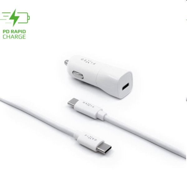 FIXED Autós töltő USB-C kábellel USB/USB-C, PD, 1m, 18 W, fehér