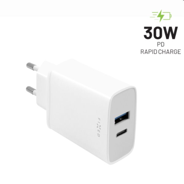 FIXED Hálózati töltő USB-C/USB, PD támogatás, 30W, fehér