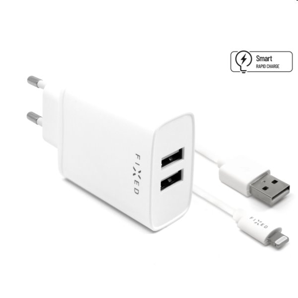 FIXED Hálózati töltő Smart Rapid Charge 2 x USB 15W + kábel USB/Lightning MFI 1m, fehér