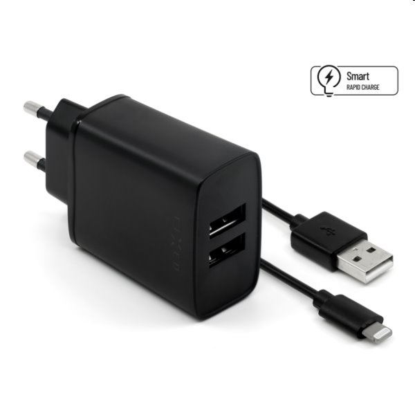 FIXED Hálózati töltő Smart Rapid Charge 2 x USB 15W + kábel USB/Lightning MFI 1m, fekete