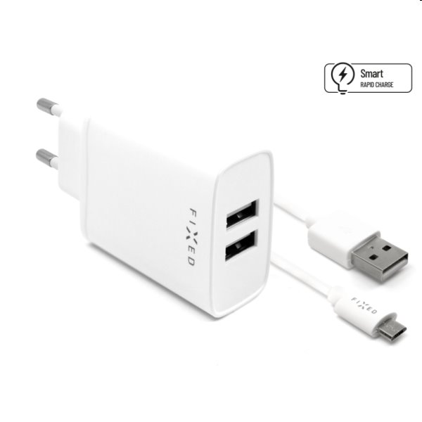 FIXED Hálózati töltő Smart Rapid Charge 2 x USB 15W + kábel USB/micro USB 1m, fehér