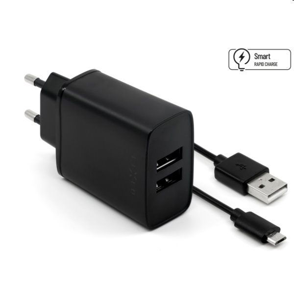 FIXED Hálózati töltő Smart Rapid Charge 2 x USB 15W + kábel USB/micro USB 1m, fekete