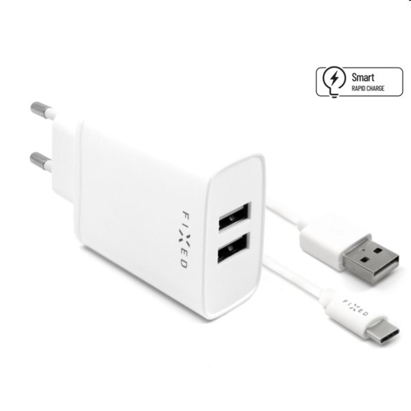 FIXED Hálózati töltő Smart Rapid Charge 2 x USB, 15W + kábel USB/USB-C 1m, fehér