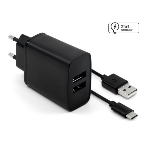FIXED Hálózati töltő Smart Rapid Charge 2 x USB, 15W + kábel USB/USB-C 1m, fekete