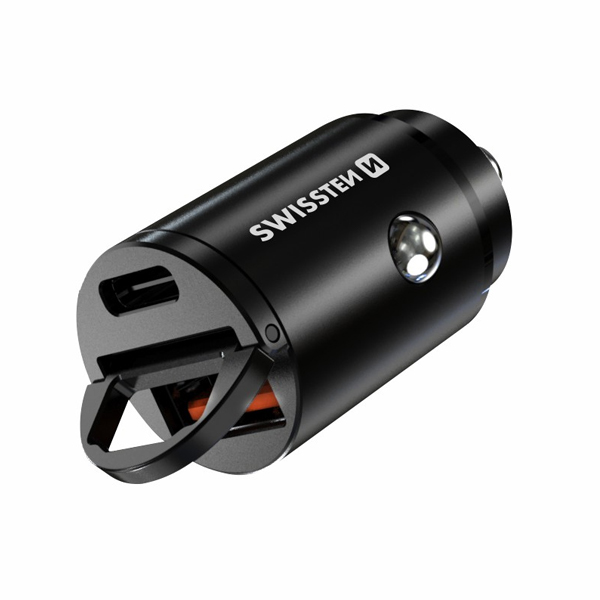 CL Adapter Swissten Power Delivery USB-C + Super Charge 3.0 30 W, fekete