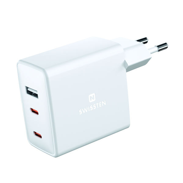 Hálózati Adapter Swissten GaN 2 x USB-C + 1 x USB 70 W, fehér