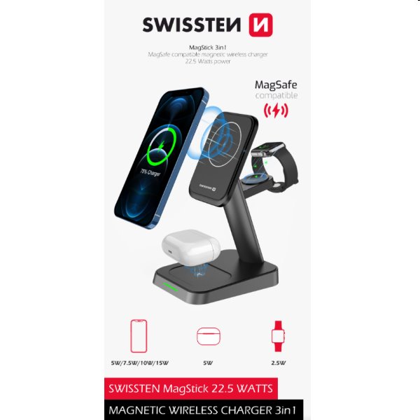 Swissten MagStick vezeték nélküli töltő 3in1 22,5W, fekete