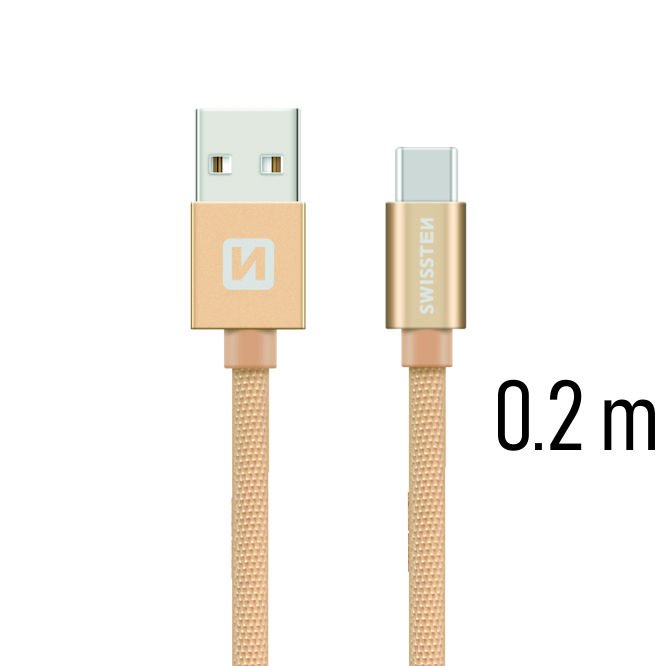 Adatkábel Swissten textil USB-C csatlakozóval és gyorstöltés támogatással, Gold - OPENBOX (Bontott csomagolás, teljes garancia)