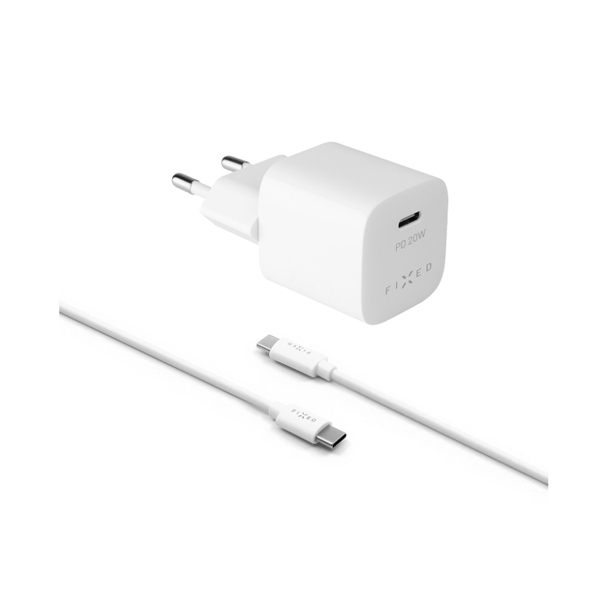 FIXED Mini töltő töltőszett USB-C kimenet és USB-C/USB-C kábel, PD támogatás, 1 m, 20W, fehér