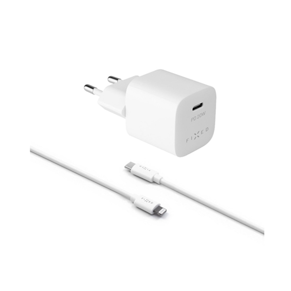 FIXED Mini töltő töltőszett USB-C kimenet és USB-C/Lightning, PD, MFI, 1 m, 20W, fehér