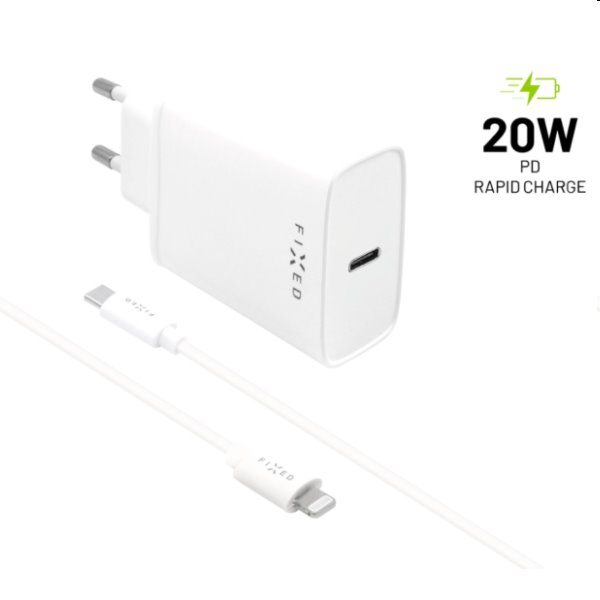 FIXED Travel töltő Smart Rapid Charge with 2 x USB PD,20W + Data Cabel USB-C/Lightning MFI 1m, fehér - OPENBOX (Bontott csomagolás