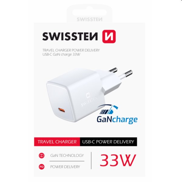 Mini Adapter Swissten GaN USB-C 33W POWER DELIVERY, fehér