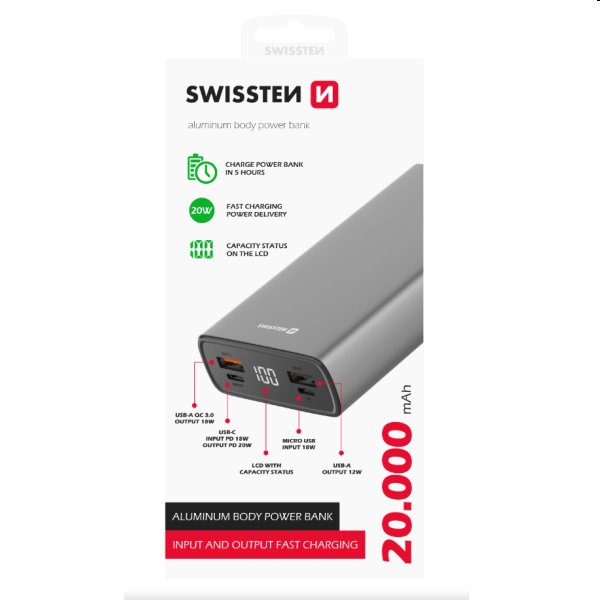 Swissten Aluminum Powerbank 20 000 mAh 20W, PD, szürke