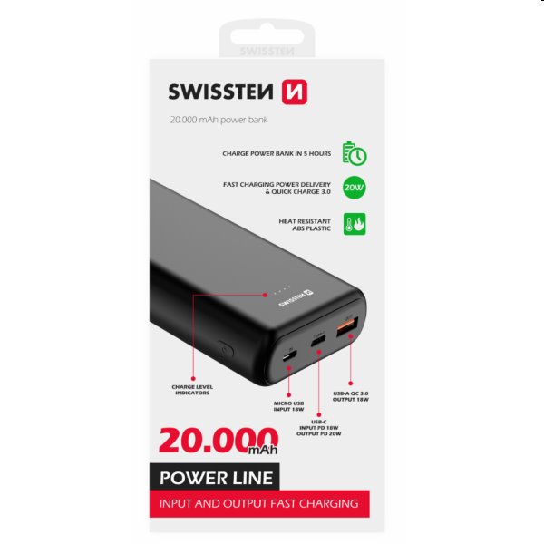 Swissten Power Line Powerbank 20 000 mAh 20W, PD, fekete