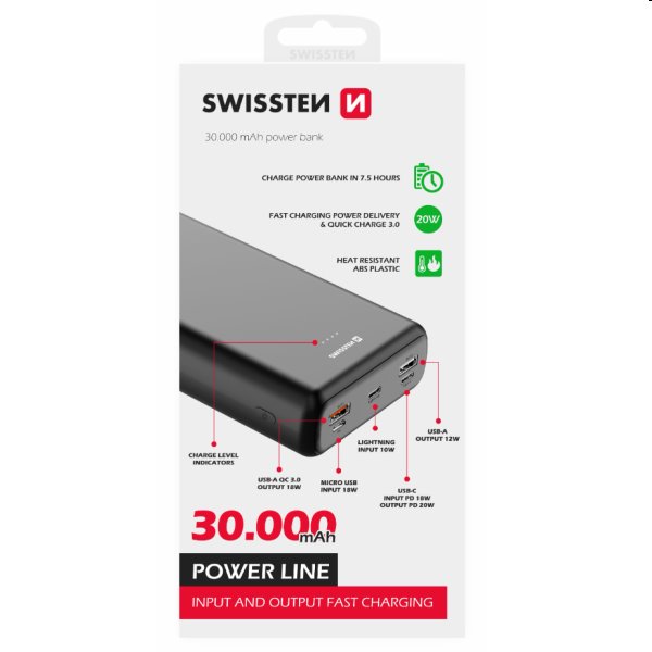 Swissten Power Line Powerbank 30 000 mAh 20W, PD, fekete