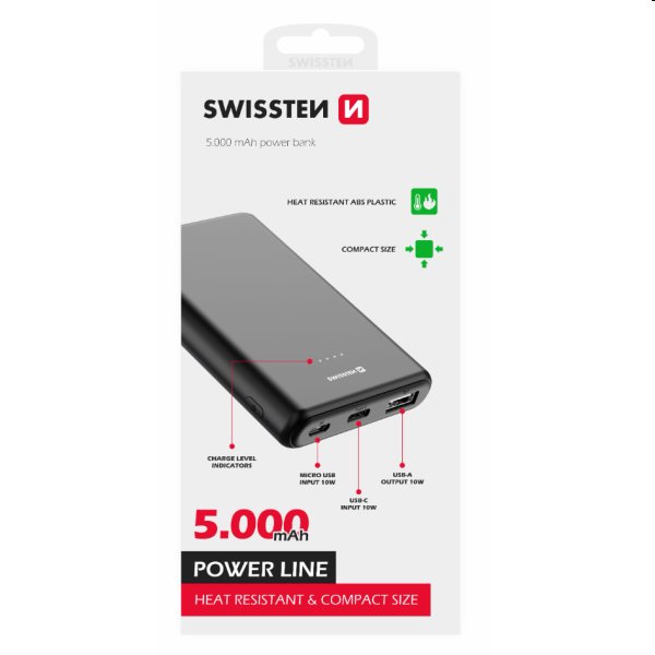 Swissten Power Line Powerbank 5 000 mAh 10W, fekete