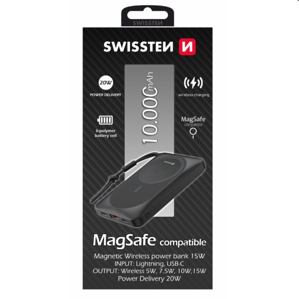 Swissten Powerbank MagSafe 10 000 mAh, fekete