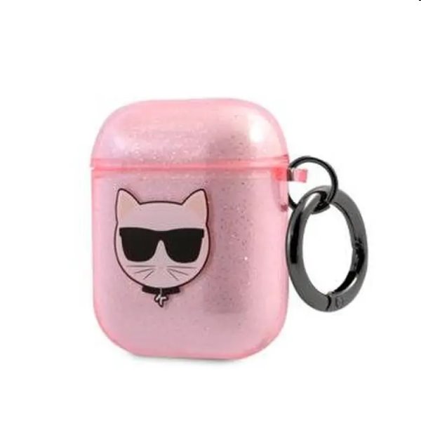 Karl Lagerfeld TPU Glitter Choupette Head tok for Apple Airpods 1/2, rózsaszín