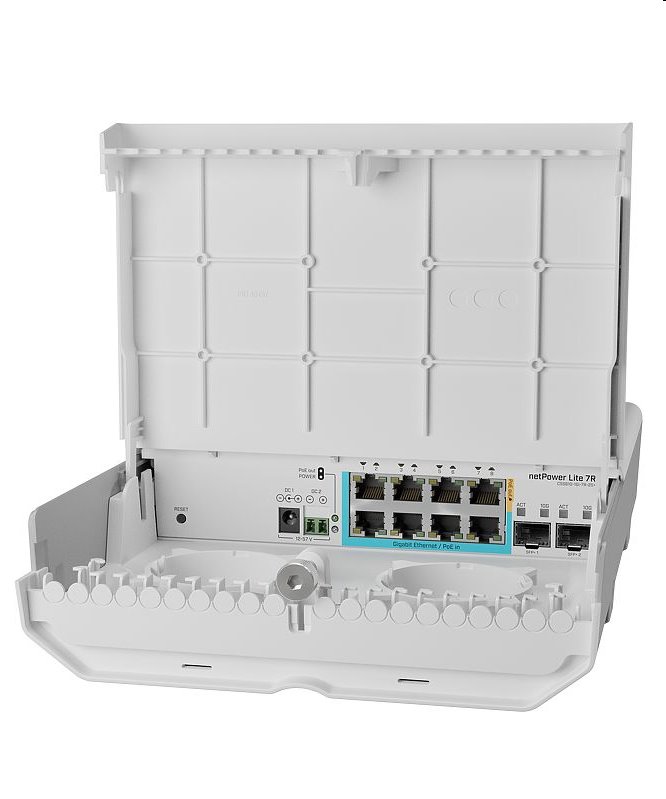 MIKROTIK RouterBOARD Cloud Smart Switch netPower Lite 7R + SwOS lite (8x GLAN; 2x SFP+, GPEN) outdoor akciós termékkép 1