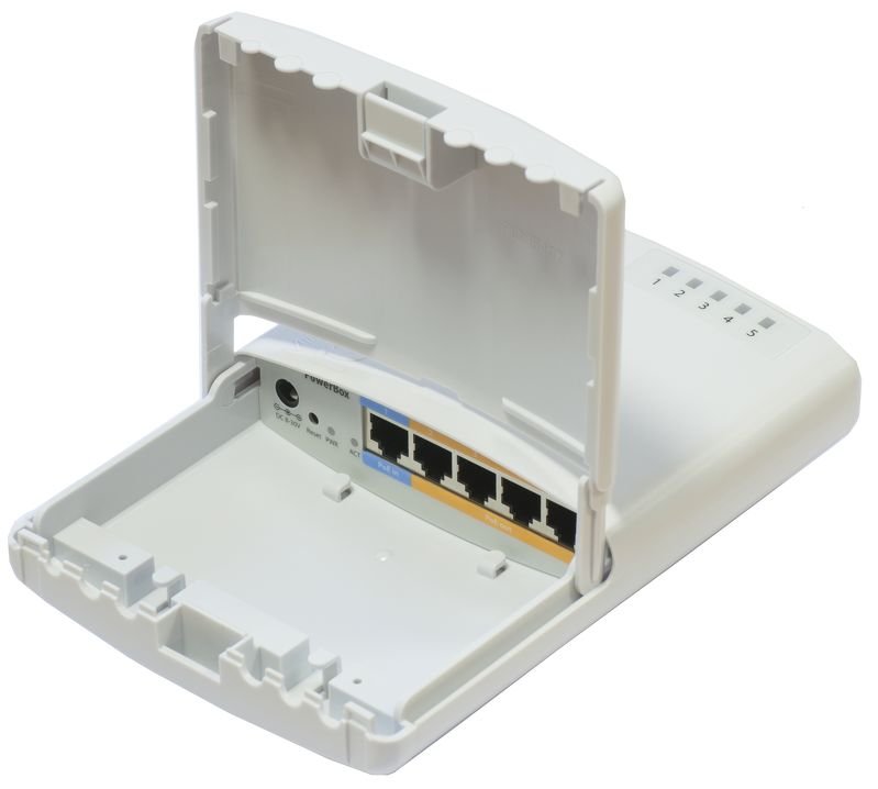 MIKROTIK RouterBOARD PowerBox + L4 (650MHz, 64 MB RAM, 5xLAN switch, outdoor plastic case, forrás) akciós termékkép 1