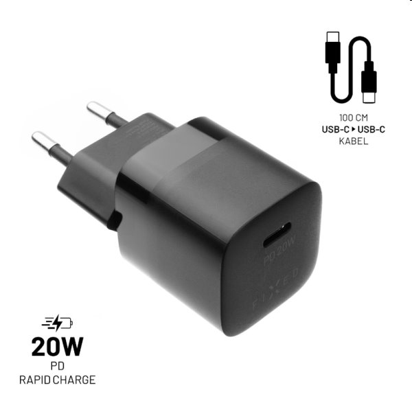 FIXED Set mini Hálózati töltő USB-C kimenettel és USB-C/USB-C kábel 1m, PD, 20W, fekete