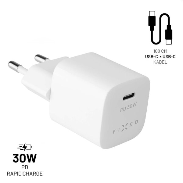 FIXED Set mini Hálózati töltő USB-C kimenettel és USB-C/USB-C kábel 1m, PD, 30W, fehér