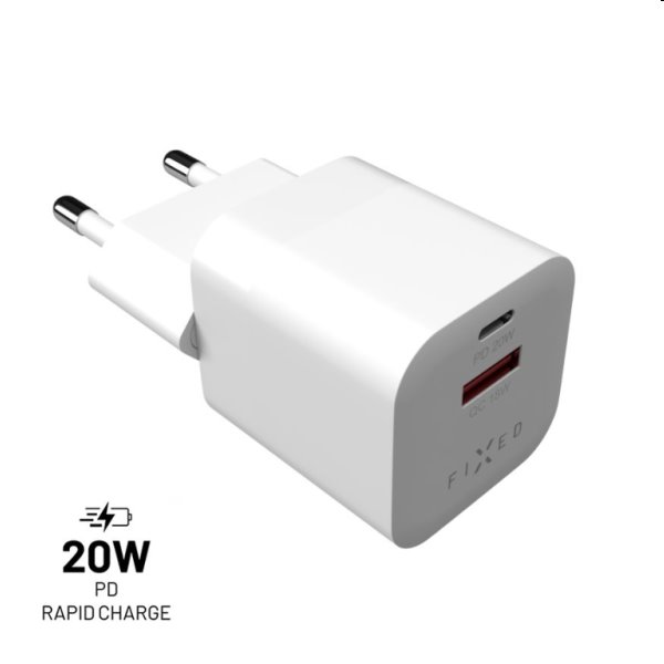 FIXED mini Hálózati töltő USB-C/USB, PD, QC 3.0 20W, fehér