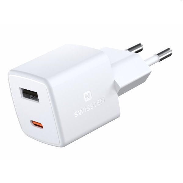 Mini Adapter Swissten GaN 1x USB-C + 1xUSB 30W, PD, fehér