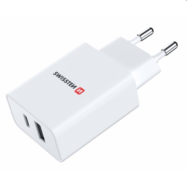 Hálózati Adapter Swissten 1xUSB-C+1xUSB 30W, PD, fehér