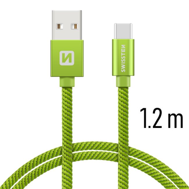 Swissten Data Cable Textile USB / USB-C 1.2 m, green - OPENBOX (Bontott csomagolás, teljes garancia)