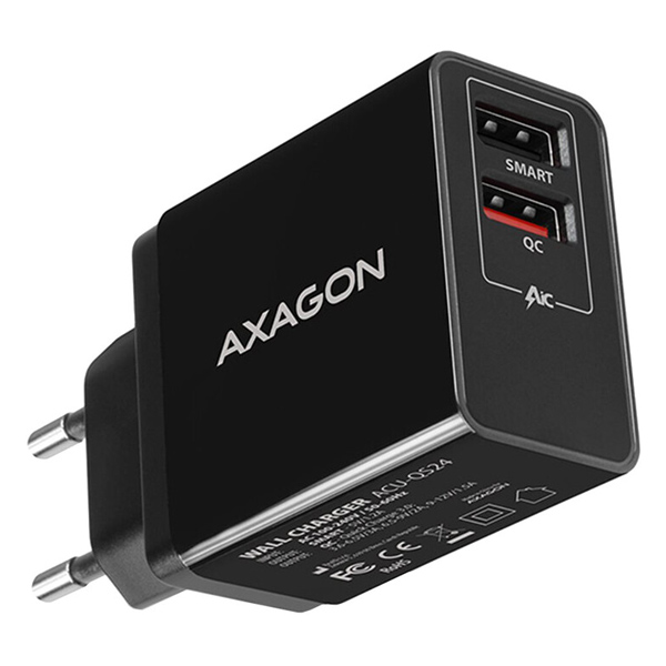 AXAGON ACU-QS24 hálózati adapter Smart 5 V 1,2 A + 1x QC3.0, 24 W, fekete