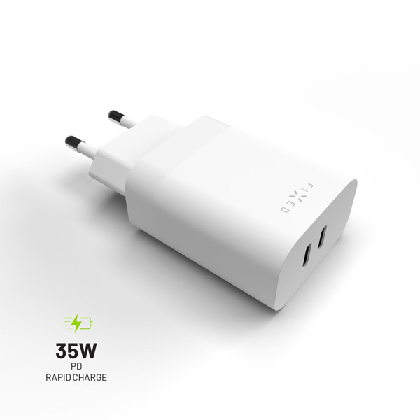 FIXED Hálózati töltő 2x USB-C, PD, 35W, fehér