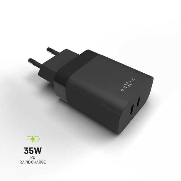 FIXED Hálózati töltő 2x USB-C, PD, 35W, fekete