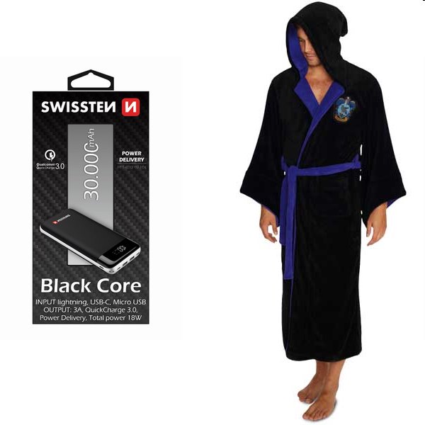 Swissten Black Core Slim Powerbank 30.000 mAh + Bathrobe Ravenclaw Fleece köntös fekete kék (Harry Potter)