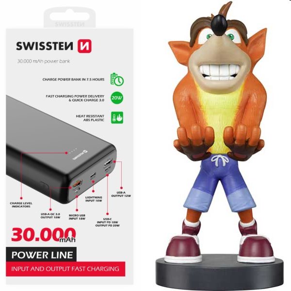 Swissten Power Line Powerbank 30 000 mAh 20W, PD, Fekete + kábel Guy Crash Bandicoot Trilogy (Crash Bandicoot)