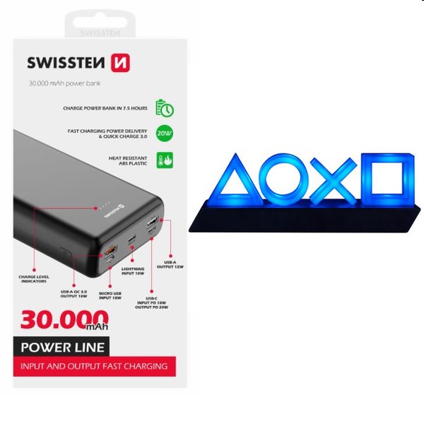 Swissten Power Line Powerbank 30 000 mAh 20W, PD, Fekete + Playstation 5 Icons Light USB lámpa