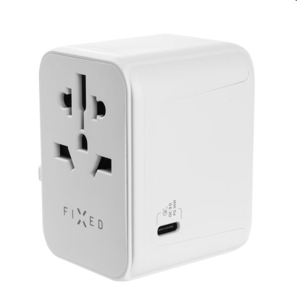 FIXED utazó adapter EU, UK, USA/AUS számára 1xUSB-C és 2xUSB kimenettel, GaN, PD 30W, fehér