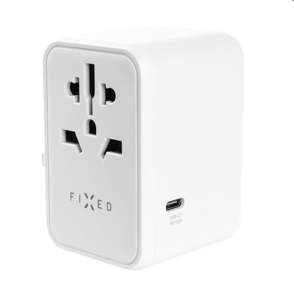 FIXED utazó adapter EU, UK, USA/AUS számára 3xUSB-C és 2xUSB kimenettel, GaN, PD 65W, fehér