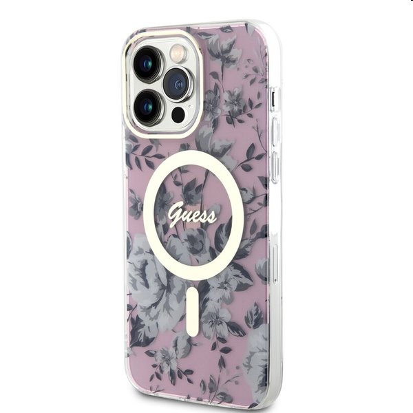 Guess PC/TPU Flowers IML MagSafe tok Apple iPhone 13 Pro Max számára, rózsaszín